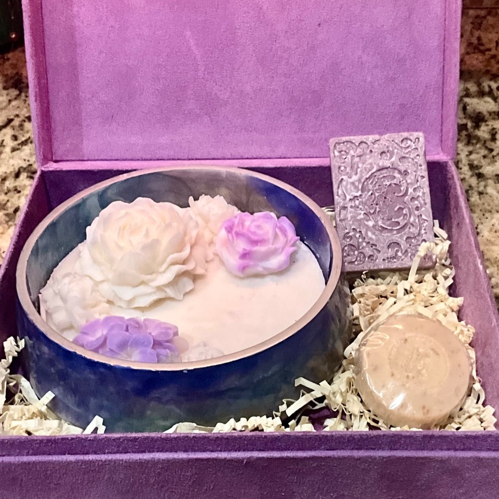 Flowers & Flame Lavender/Vanilla/Rose 3 Wick Soy Candle & 2 Soaps